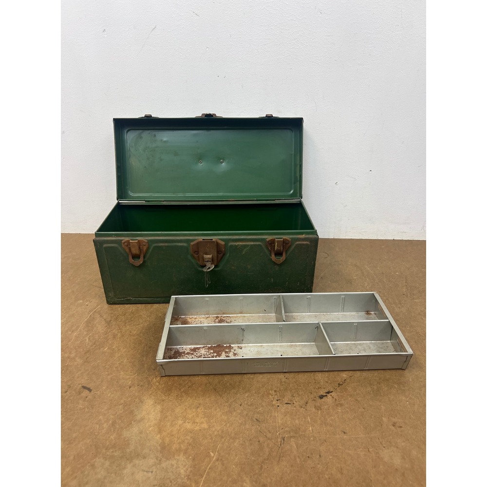 Vintage Union Steel Tool Chest Green Metal Box w Tray and Key green rustic 50s